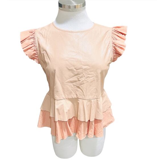 ZARA Peplum Blouse Faux Leather and Fabric Salmon Color  Size Small - Picture 7 of 8